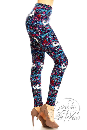 Peached Leggings in Unicorn Mist | Mythic Blue Red Pink Snowflake Tights Side