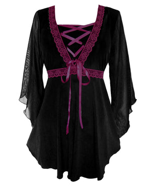 Dare Fashion Bewitched Long sleeve top F01 Burgundy Gothic Medieval Genie Corset Blouse