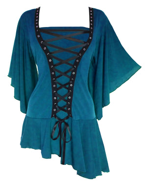 Dare Fashion Alchemy Long sleeve top F27 Turquoise Gothic Steampunk Asymmetric Corset Shirt