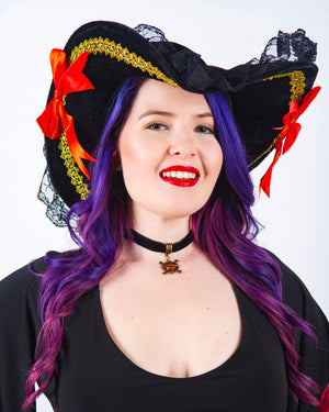 Model in Dare to Wear Sexy Fancy Black Velour Pirate Hat with Red Ribbon Bows and Gold Trim 