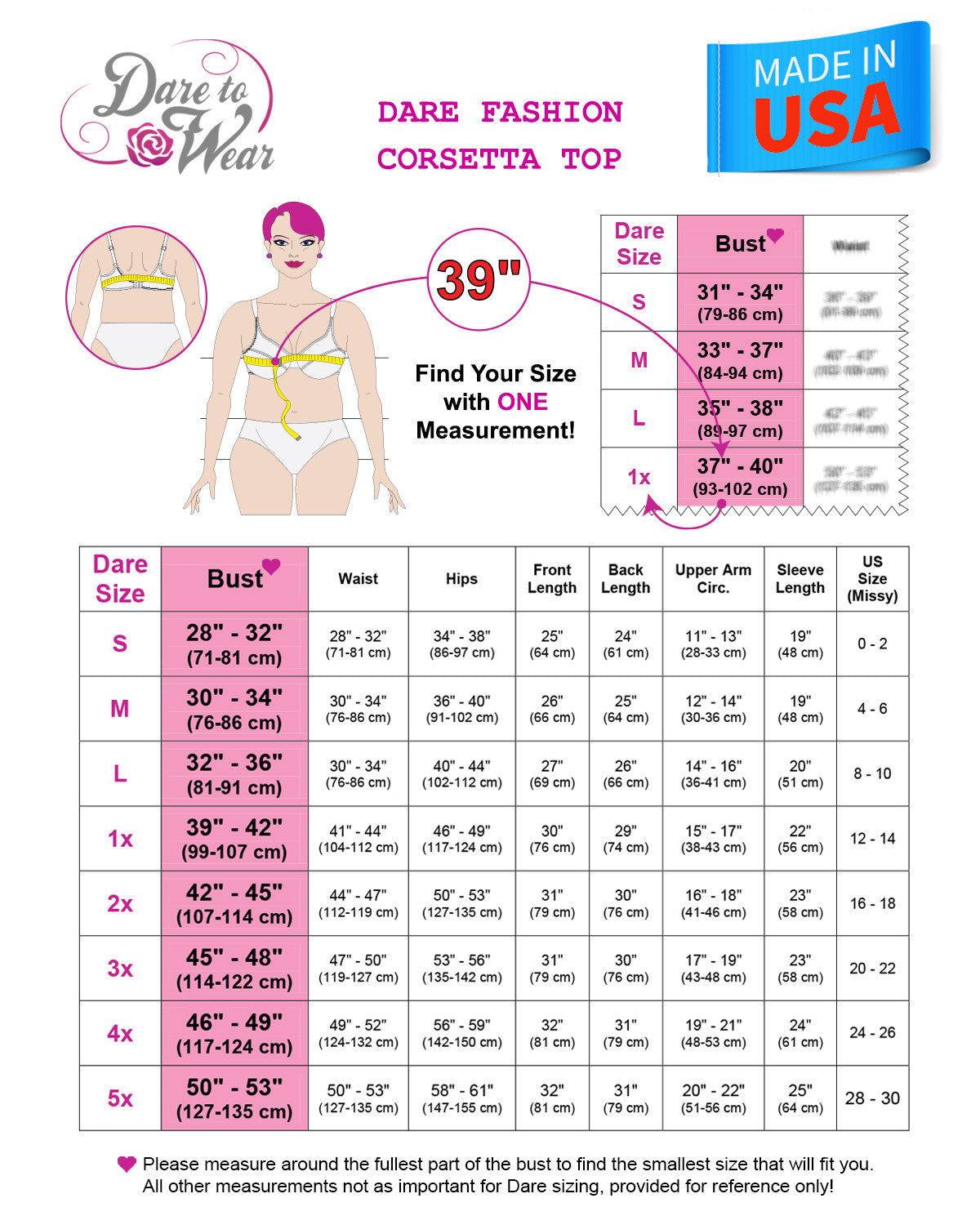 Size Chart for Made in USA Victorian Gothic Steampunk Sexy Slimming Corsetta Corset Top