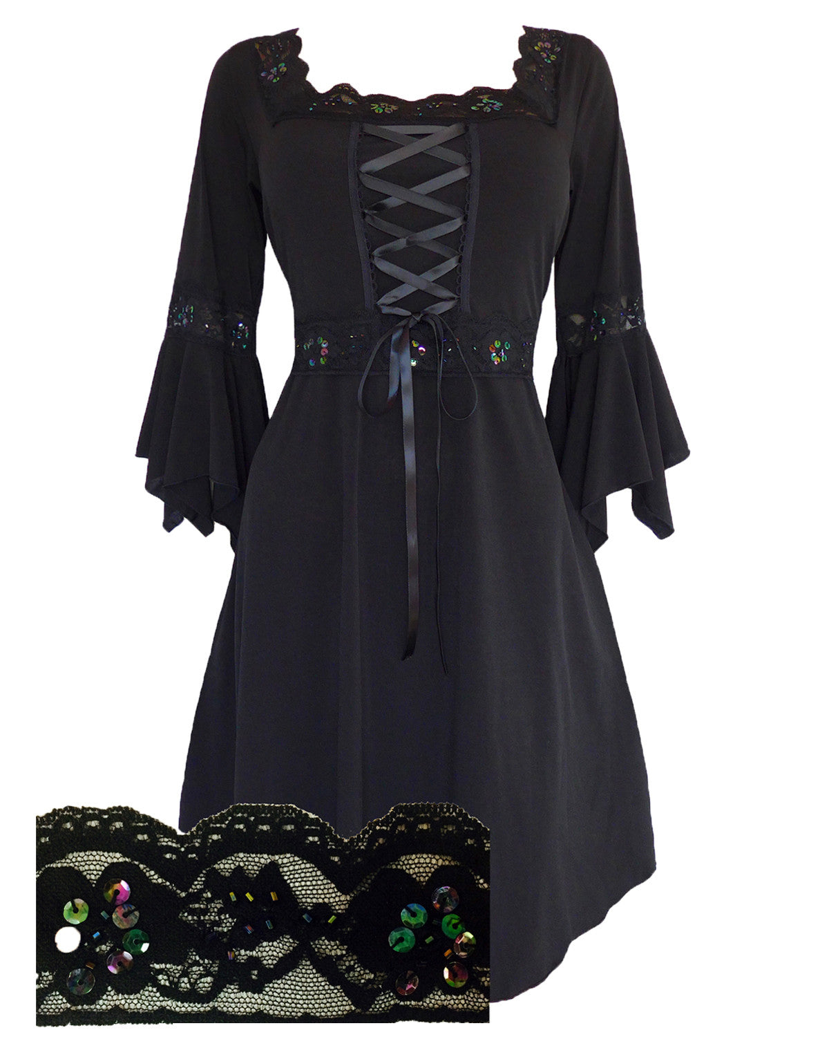 Dare Fashion Renaissance Dress in Starling | Black Iridescent Sequin Gothic Corset Gown S Dare Fashion Renaissance Dress in Starling | Black Iridescent Sequin Gothic Corset Gown S