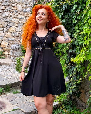 Marijana wearing Dare to Wear Gothic Medieval Renaissance Angel Corset Frock Dress in Black Gold