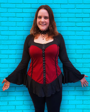 Plus Size Model in Dare to Wear Victorian Gothic Steampunk Corsetta Corset Top in Burgundy