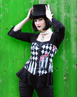 Model in Top Hat and Dare to Wear Victorian Gothic Steampunk Corsetta Corset Top in Wonderland