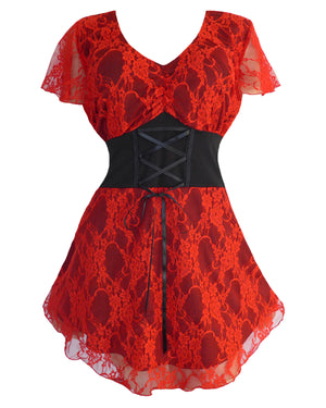 Dare Fashion Printed Sweetheart Short sleeve top S38 Scarlet Victorian Gothic Lace Corset Top 