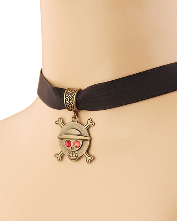 Punk Gothic Pirate Skull Pendant Leather Choker Necklace - Black Harajuku Style Collar