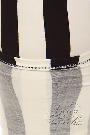 Peached Leggings in Beetlejuice | Black White Vertically Striped Tights Detail
