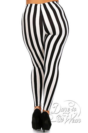Peached Leggings in Beetlejuice | Black White Vertically Striped Tights Plus-Back
