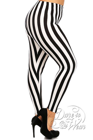 Peached Leggings in Beetlejuice | Black White Vertically Striped Tights Plus-Side