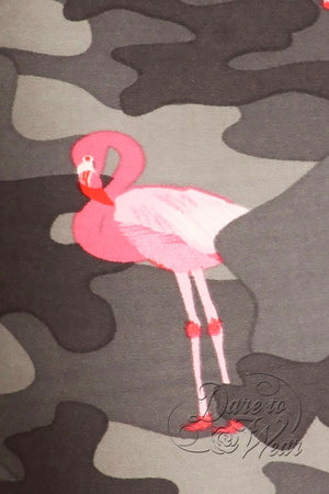 Peached Leggings in Camo Flamingo | Grey Camouflage Pink Flamingo Tights Detail