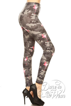 Peached Leggings in Camo Flamingo | Grey Camouflage Pink Flamingo Tights Side