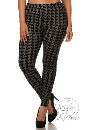 Peached Leggings in Greyhound | Grey Black Jagged Checked Tights Plus-Front