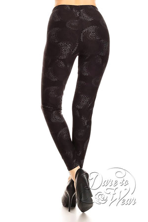 Peached Leggings in Luna Lace | Black Faded Grey Paisley Crescent Leggings Tights Back