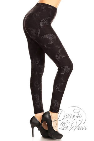 Peached Leggings in Luna Lace | Black Faded Grey Paisley Crescent Leggings Tights Side