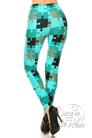 Peached Leggings in Missing Piece | Turquoise Blue Jigsaw Puzzle Tights Back