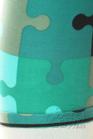 Peached Leggings in Missing Piece | Turquoise Blue Jigsaw Puzzle Tights Detail