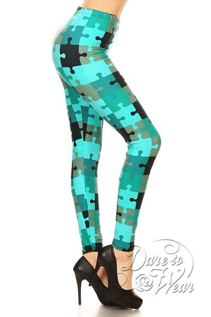 Peached Leggings in Missing Piece | Turquoise Blue Jigsaw Puzzle Tights Side