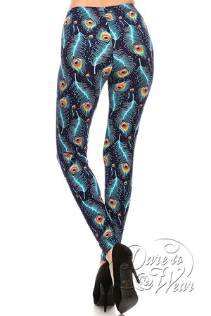 Peached Leggings in Peacock | Blue Green Turquoise Feather Tights Back