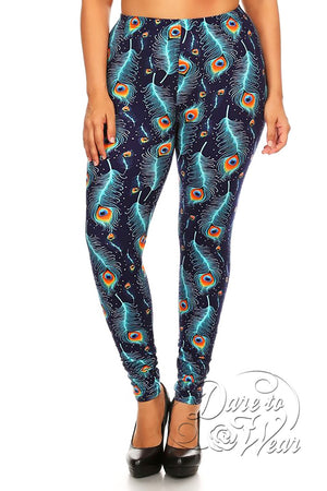 Peached Leggings in Peacock | Blue Green Turquoise Feather Tights Plus-Front