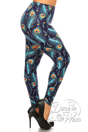 Peached Leggings in Peacock | Blue Green Turquoise Feather Tights Plus-Side