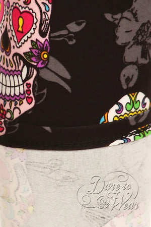 Peached Leggings in Sugar Skulls | Colorful Black Day of Dead Tights Detail
