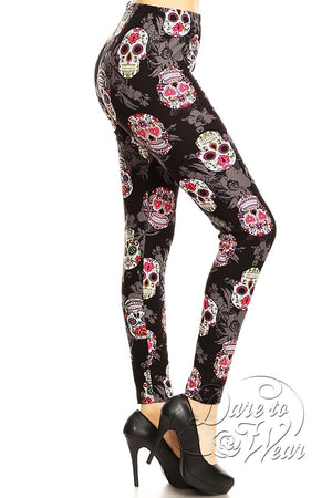 Peached Leggings in Sugar Skulls | Colorful Black Day of Dead Tights Side