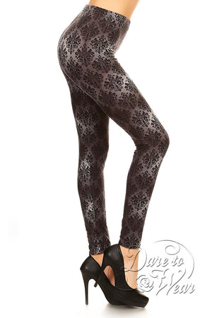 Peached Leggings in Victorian Brocade | Grey Damask Gradient Fade Tights Side