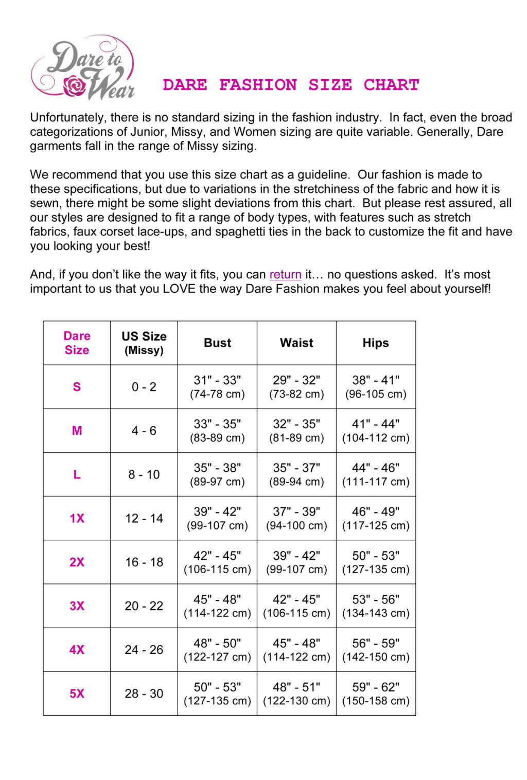 Dare Fashion Size Chart