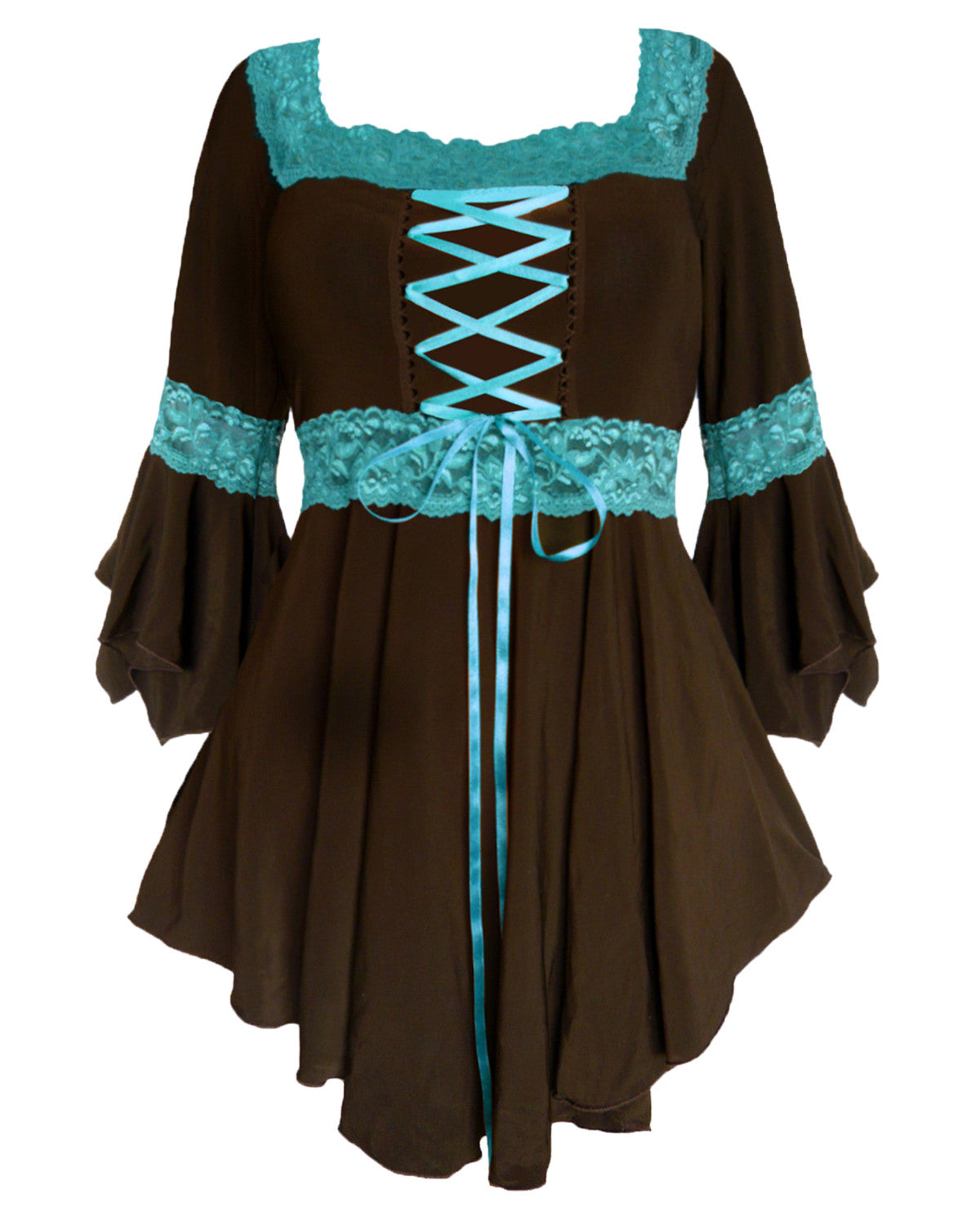 Renaissance Top in Brown/Turquoise  Aqua Lace Medieval Corset Blouse -  Dare Fashion