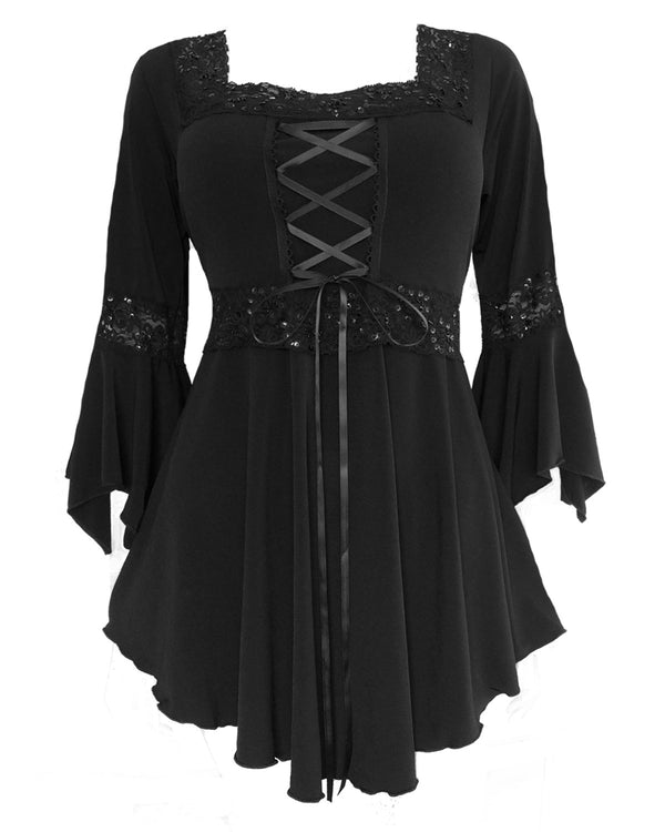 Renaissance Top in Obsidian | Black Sequin Lace Gothic Corset Blouse ...