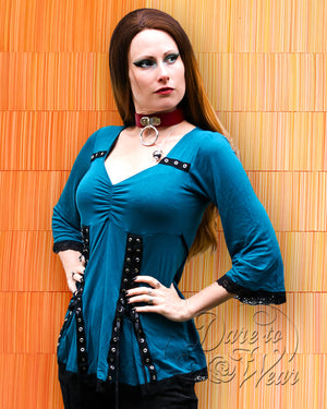 Lady Anna Calypso in Dare Fashion Victorian Gothic Steampunk Elektra Top inDark Teal Blue Green
