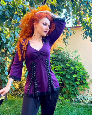 Marijana in Dare Fashion Victorian Gothic Steampunk Elektra Top in Plum Purple