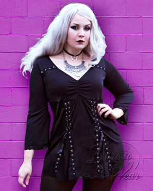 Evie in Dare Fashion Victorian Gothic Steampunk Elektra Top in Raven Black