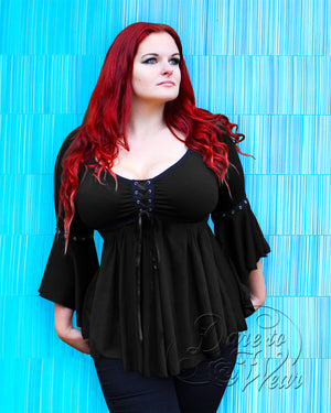 Evie wearing Dare Fashion Victorian Gothic Steampunk Ofelia Top in Black