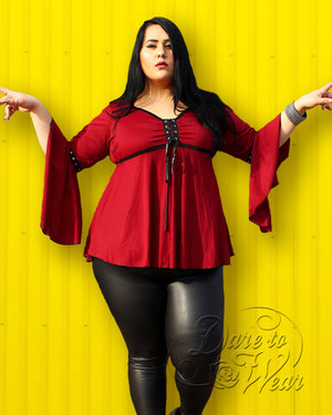 Ashley wearing Dare Fashion Victorian Gothic Steampunk Ofelia Top in Burgundy Red