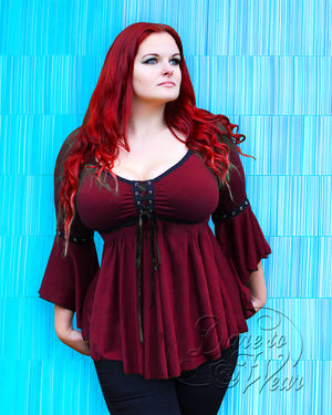 Evie wearing Dare Fashion Victorian Gothic Steampunk Ofelia Top in Burgundy Red