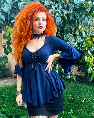 Marijana wearing Dare Fashion Victorian Gothic Steampunk Ofelia Top in Midnight Blue