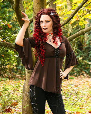 Lady Anna Calypso wearing Dare Fashion Victorian Gothic Steampunk Ofelia Top in Walnut Brown