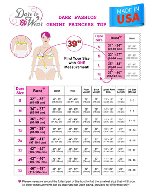 Dare to Wear Sexy Gothic Victorian Gemini Princess Top Size Chart