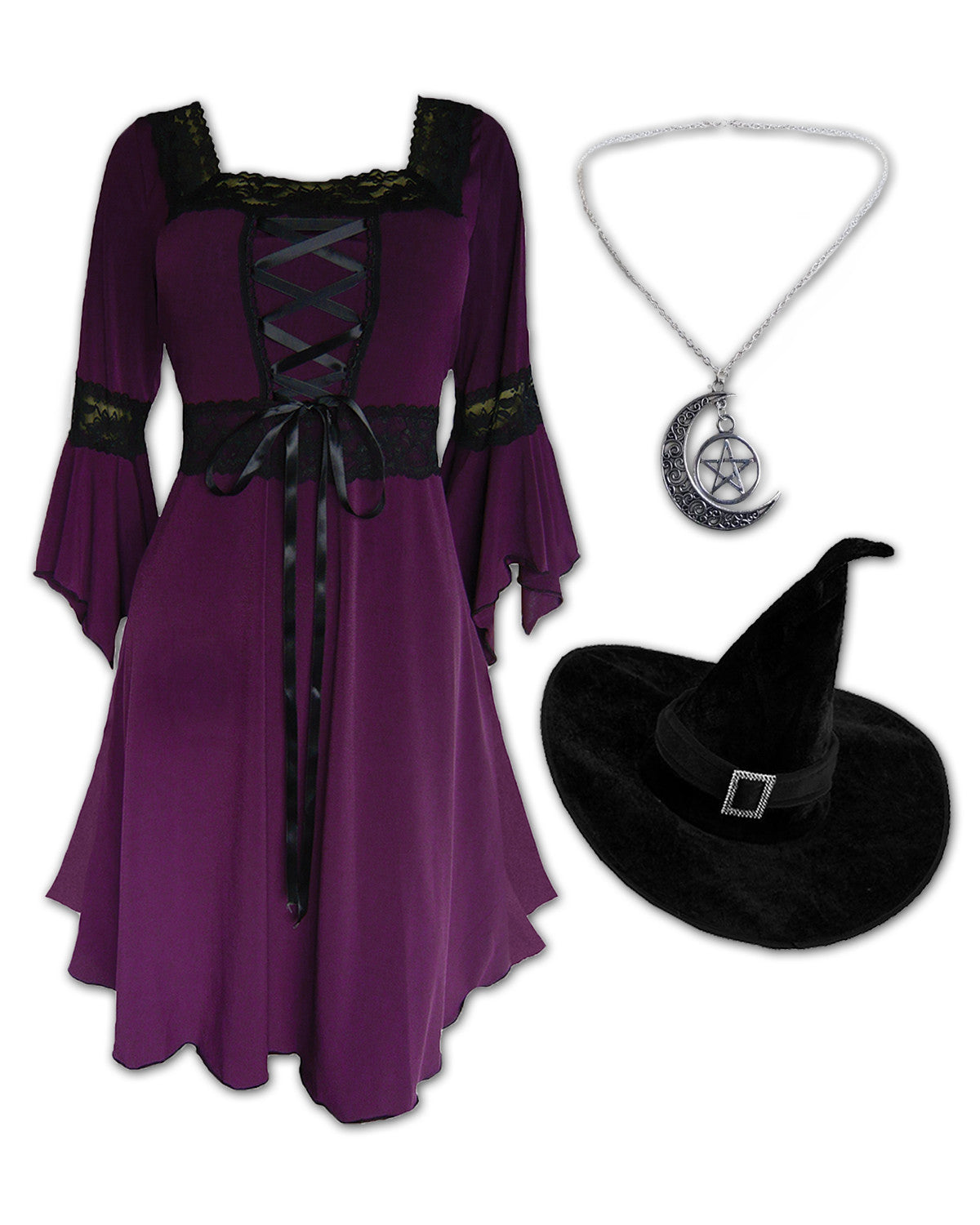 dare you classic witch lace hem corset dress Dare Fashion Adult Gothic Witch Costume Black Corset Dress Red Hat Tights 5x