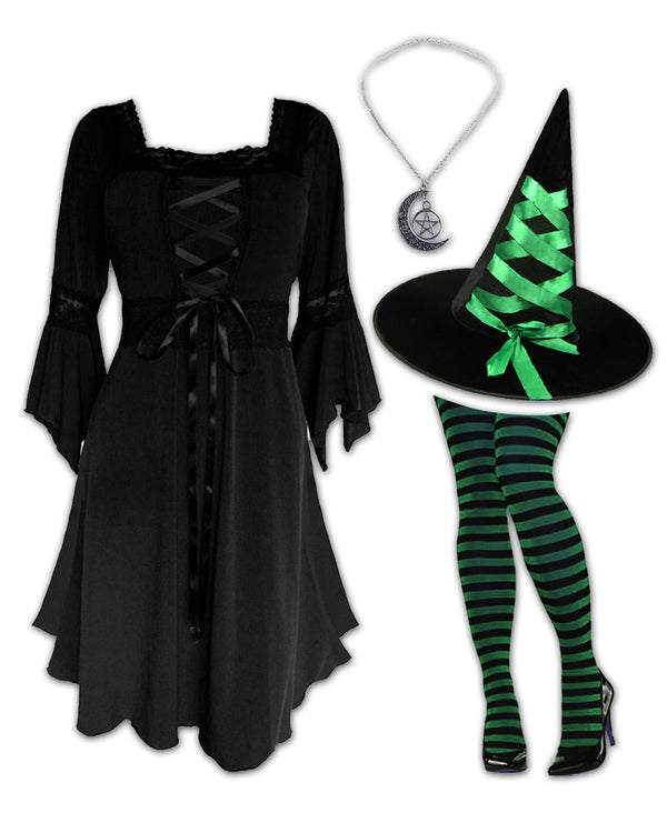 Dare Fashion Adult Gothic Witch Costume Black Corset Dress Green Hat Tights Dare Fashion Adult Gothic Witch Costume Black Corset Dress Green Hat Tights