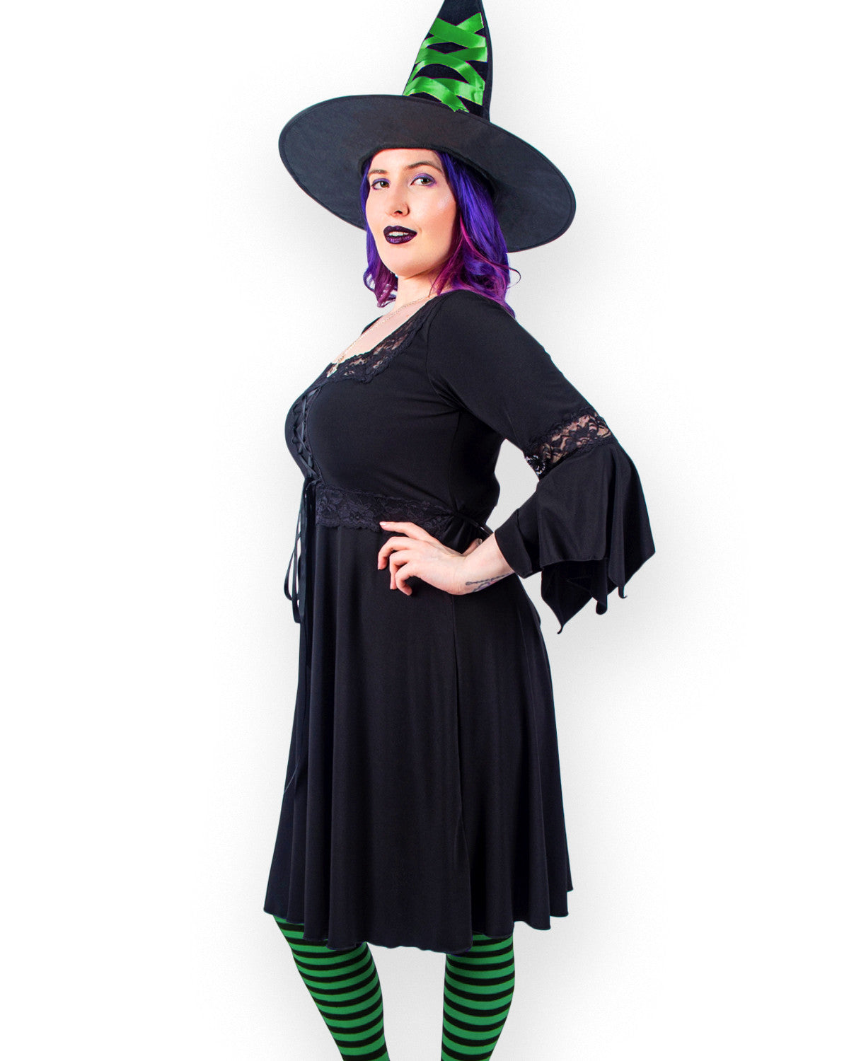 Dare Fashion Adult Gothic Witch Costume Black Corset Dress Green Hat Tights M