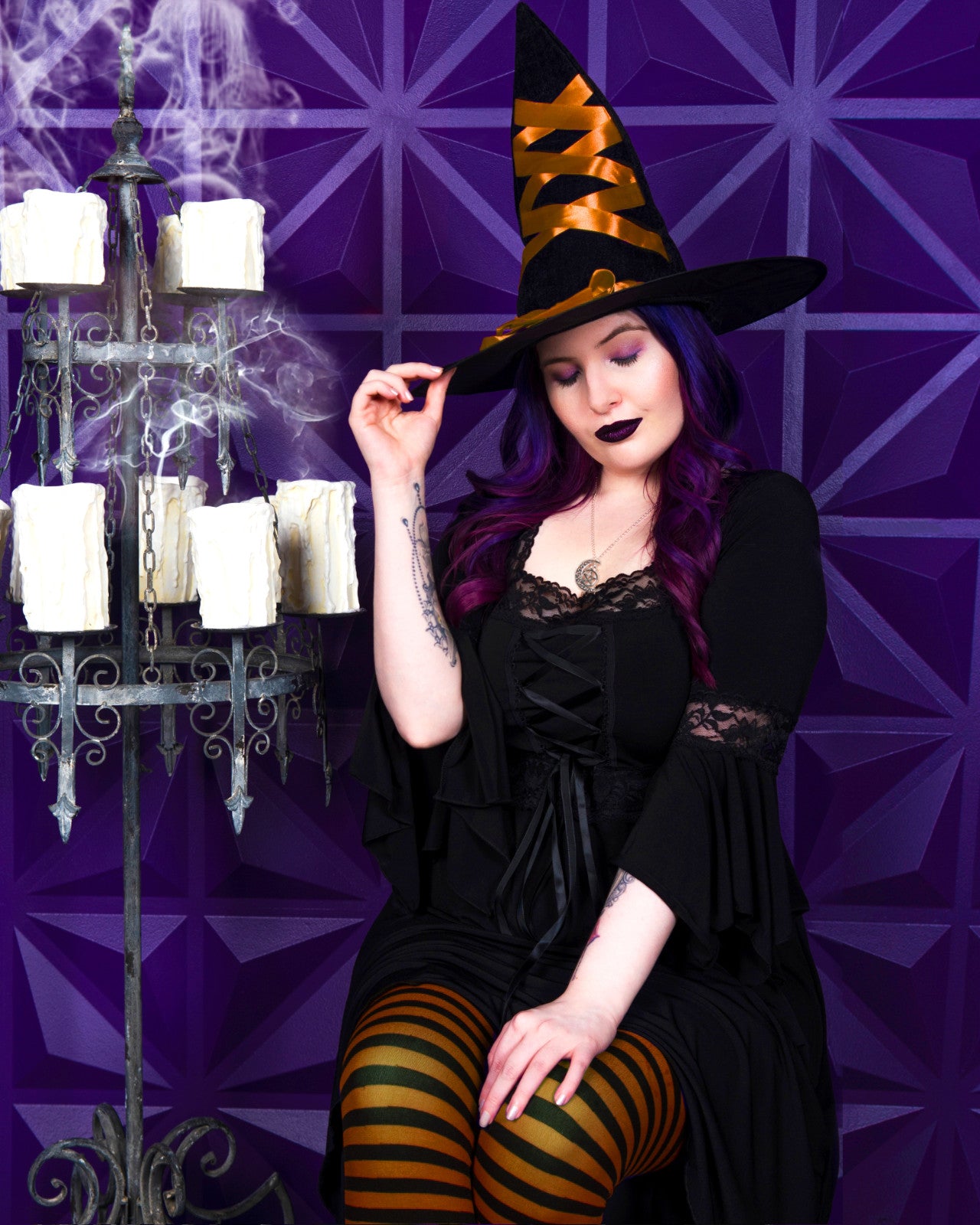 witch dress Dare Fashion Adult Gothic Witch Costume Black Corset Dress Orange Hat Tights 2x