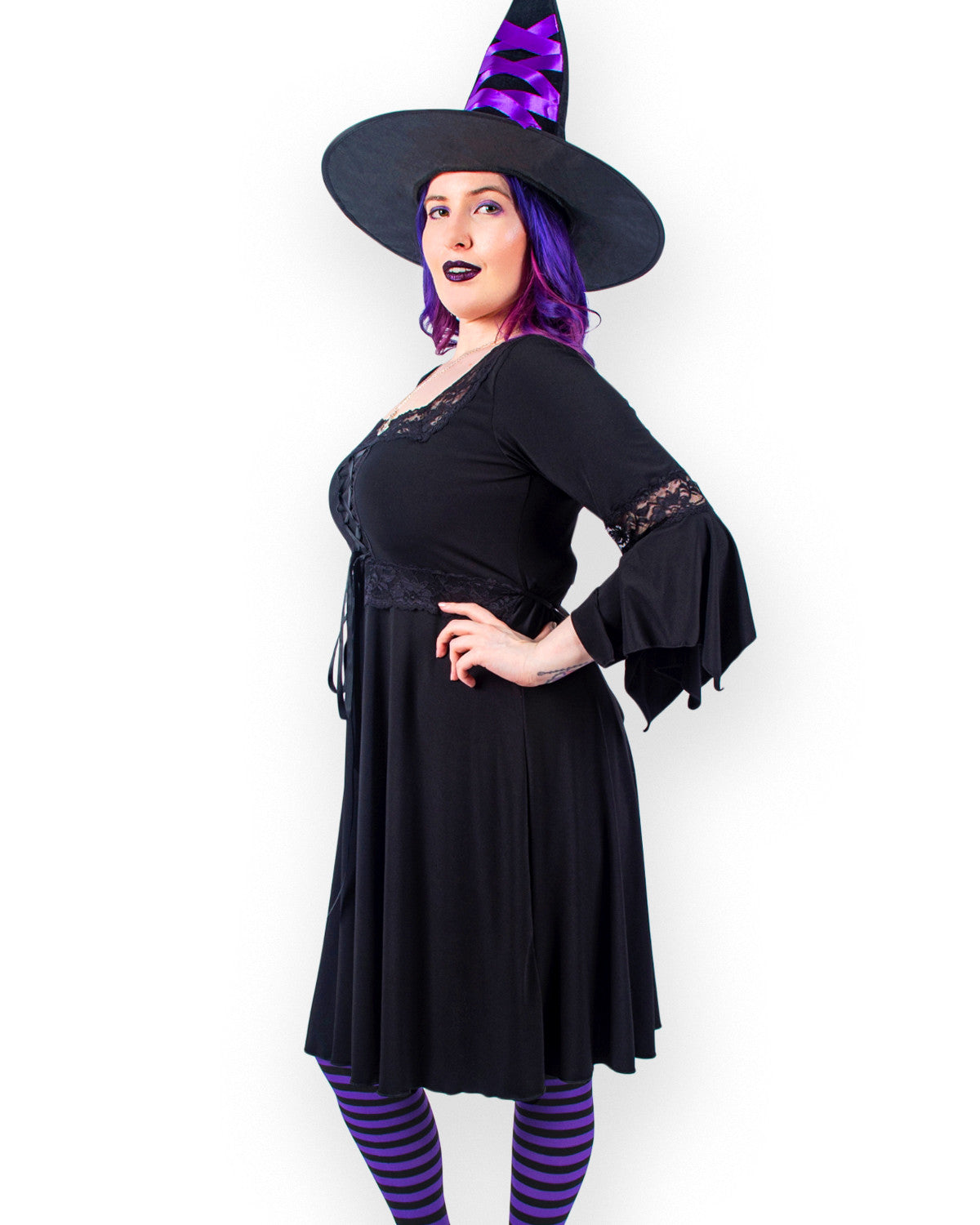 Sorceress Witch Costume with Black Renaissance Dress, Purple