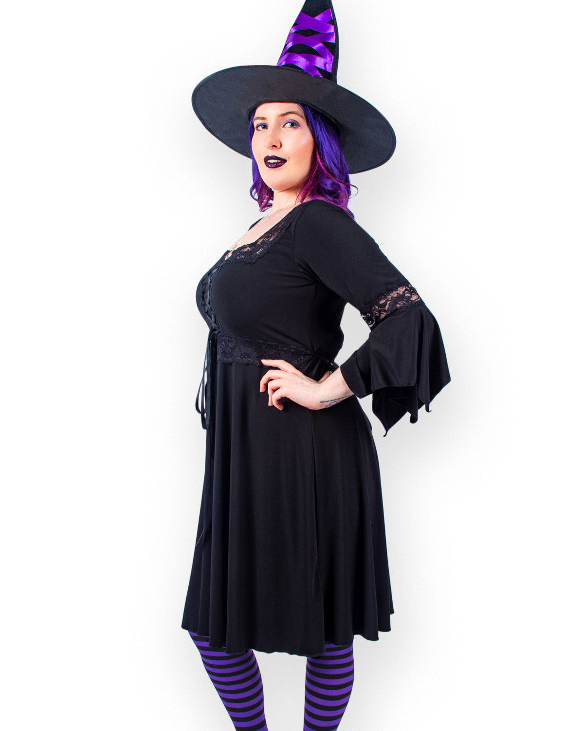 Dare Fashion Adult Gothic Witch Costume Black Corset Dress Purple Hat Tights 4x