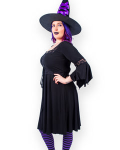 Dare Fashion Adult Gothic Witch Costume Black Corset Dress Purple Hat Tights 4x