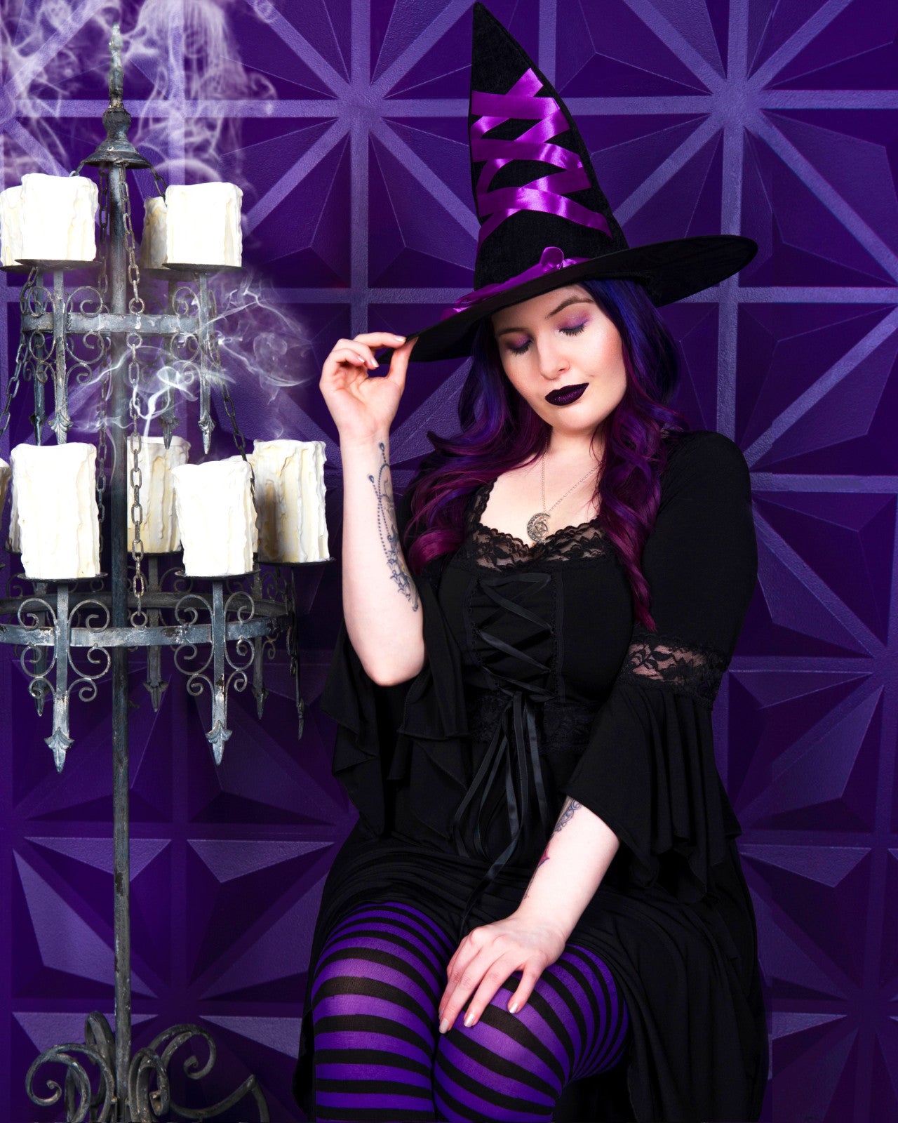 Dare Fashion Adult Gothic Witch Costume Black Corset Dress Purple Hat Tights 4x Dare Fashion Adult Gothic Witch Costume Black Corset Dress Purple Hat Tights 4x