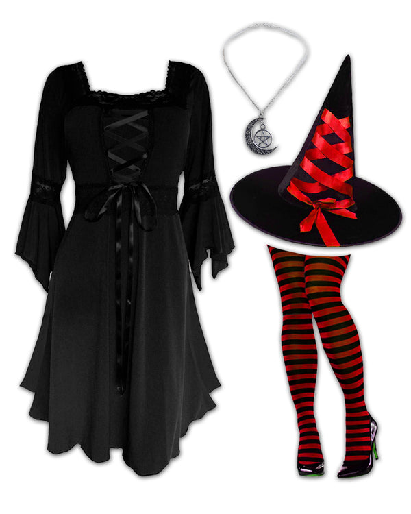 Dare Fashion Adult Gothic Witch Costume Black Corset Dress Red Hat Tights 5X