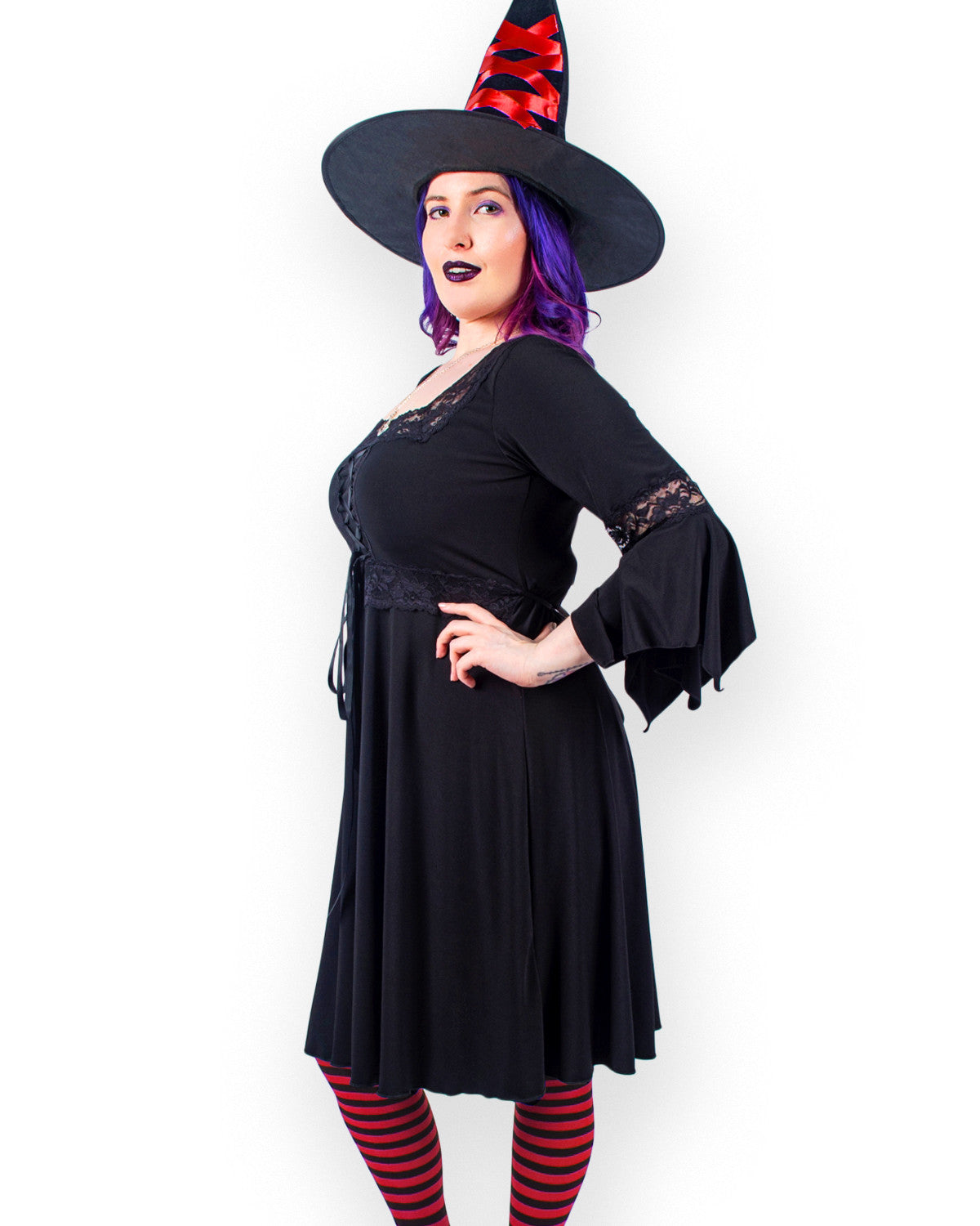 Dare Fashion Adult Gothic Witch Costume Black Corset Dress Red Hat Tights 5x